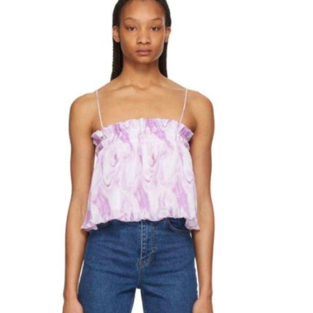 GANNI White and Purple Georgette Pleated Strap Camisole